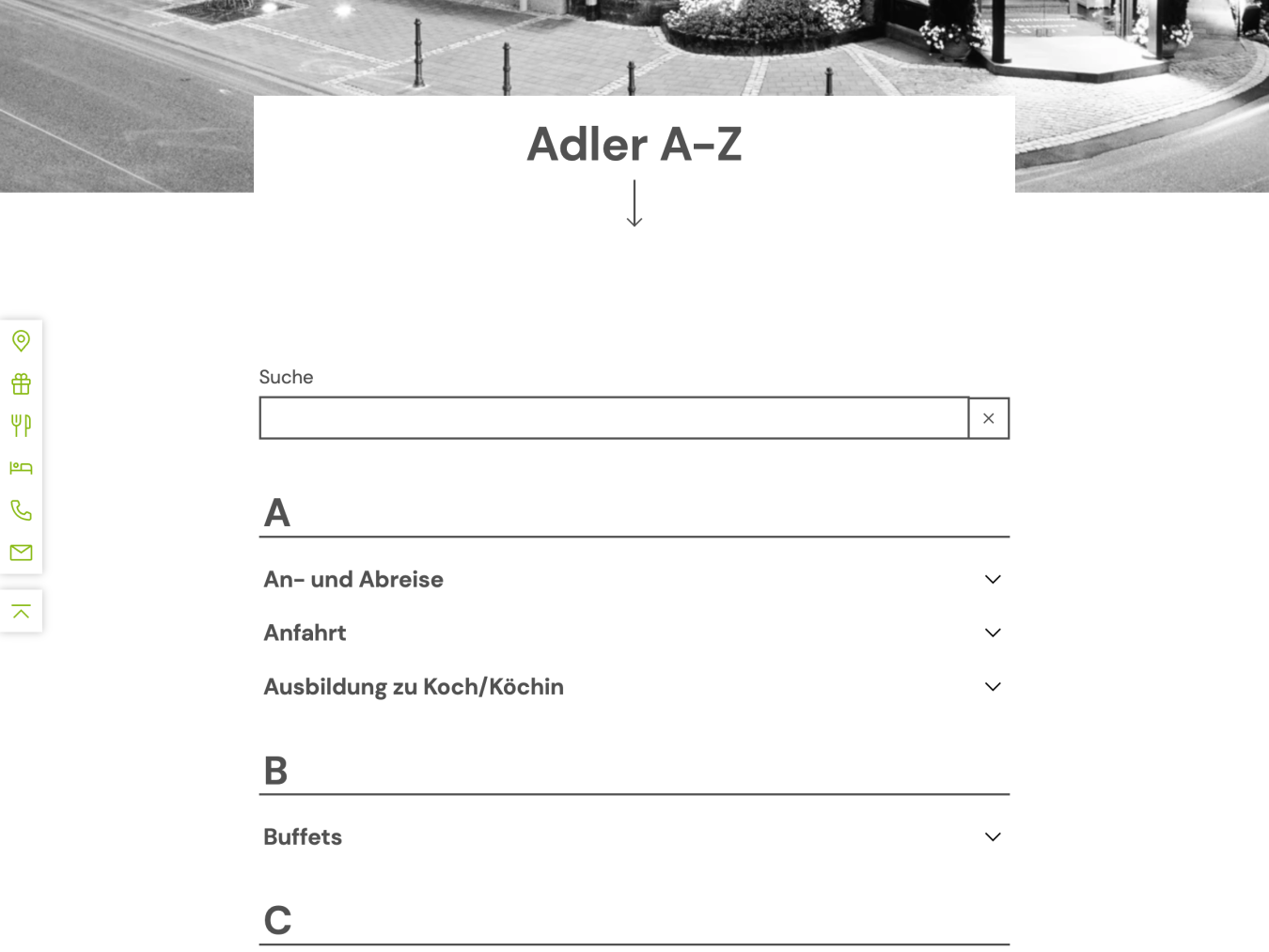 Screenshot der Seite „Adler A-Z“, die Informationen zu diversen relevanten Themen rund um das Hotel und Restaurant auflistet