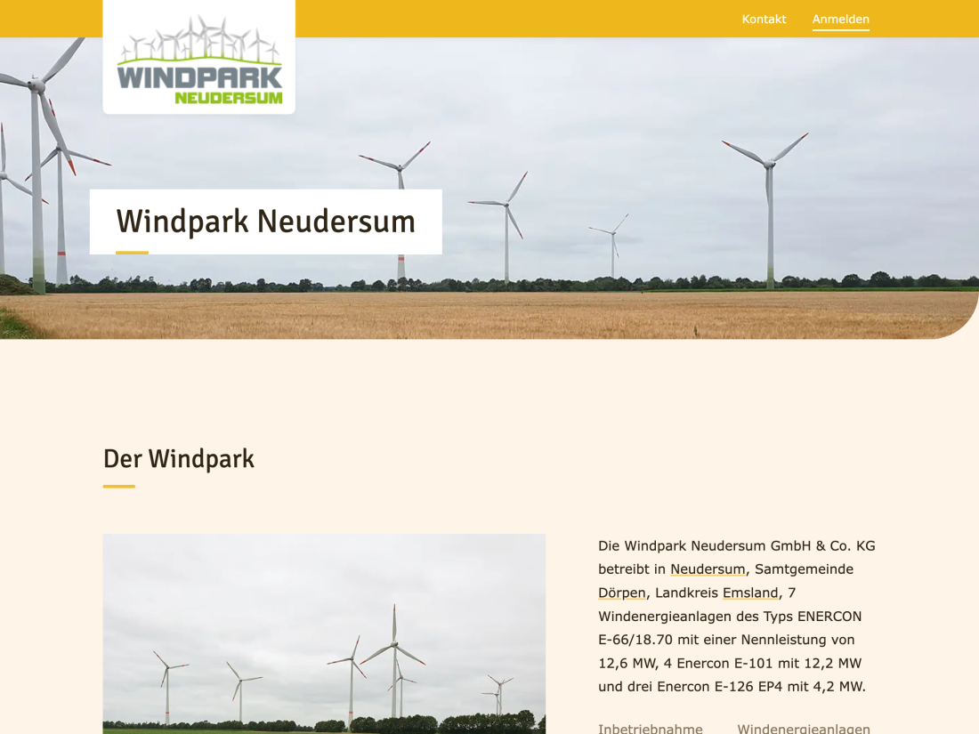 Screenshot der Startseite des „Windpark Neudersum“.