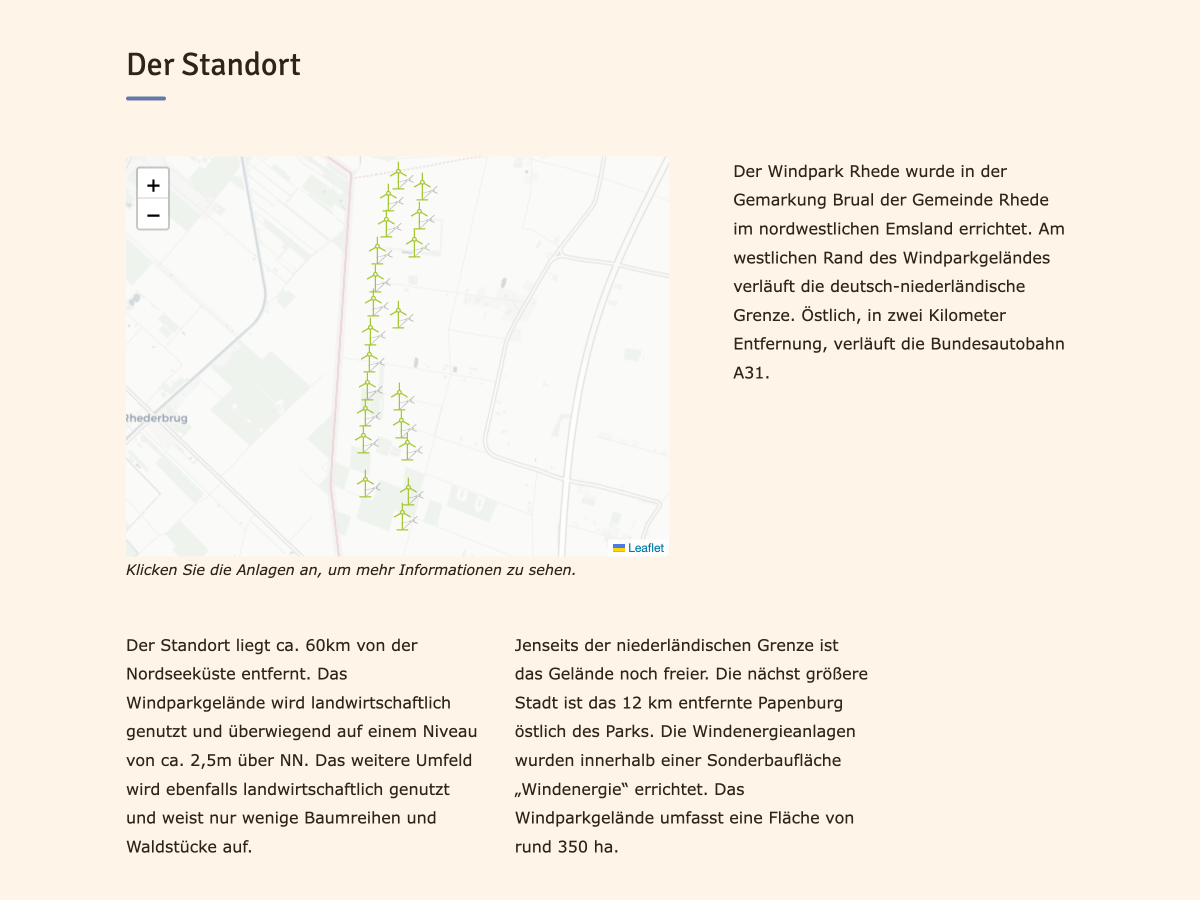 Seitenabschnitt „Der Standort“ auf der Website des Windpark Rhede.