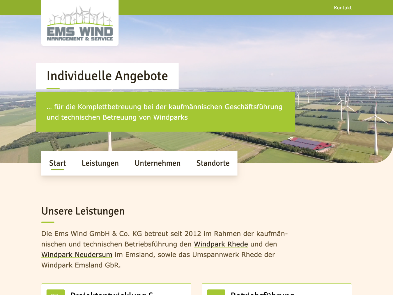 Screenshot der Startseite der Website von Ems Wind mit einem Video im Seitenkopf, einer Navigationsleiste und einem Text über die Leistungen des Unternehmens