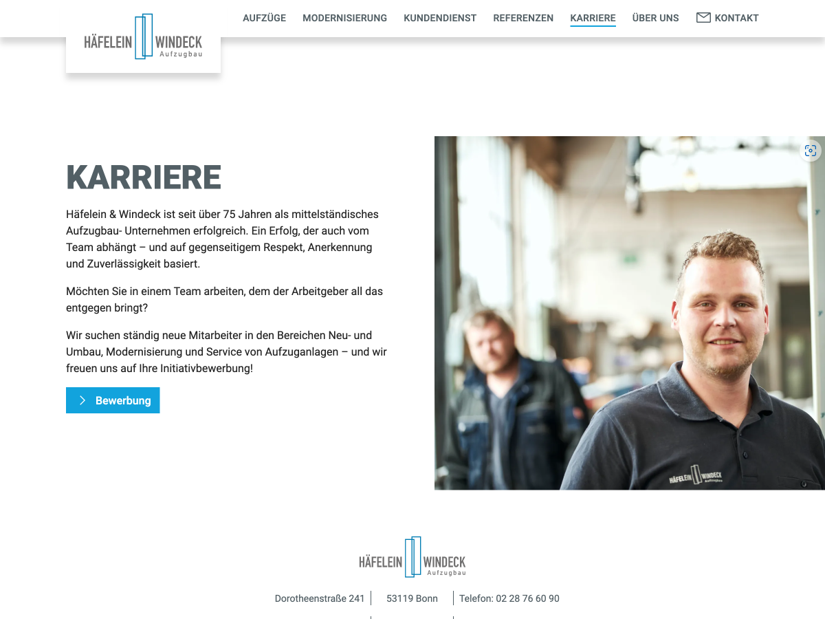 Screenshot der Seite „Karriere“ mit einem kurzen Text über Häfelein & Windeck als Arbeitgeber