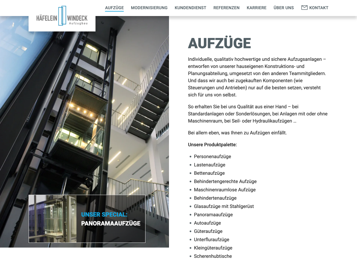 Screenshot der Unterseite „Aufzüge“ mit einem großflächigen Bild auf der linken Seite und einer Textspalte in der rechten Spalte