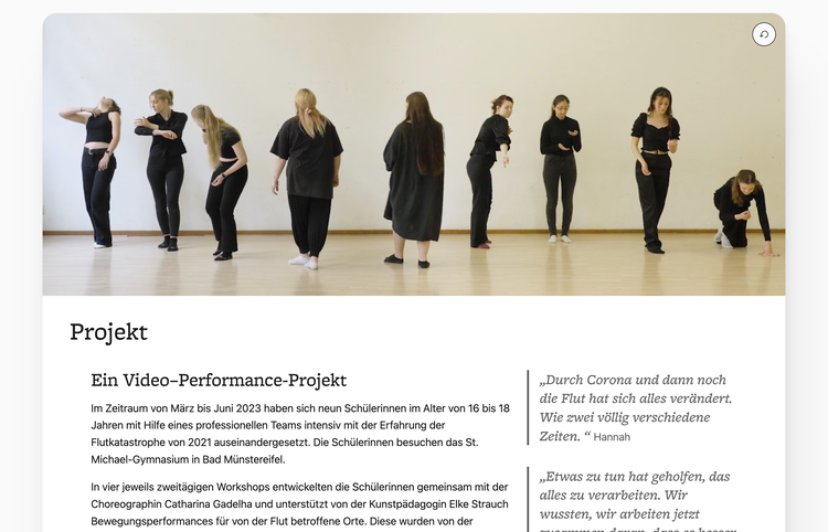 Unterseite &bdquo;Projekt&ldquo; mit einem Foto der Teilnehmerinnen und einem Text &uuml;ber das Projekt