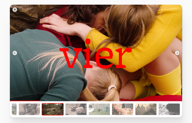 Screenshot des Video-Player-Elements, in dem sich neun Videos &uuml;ber Vorschaubilder aktivieren lassen und als Vimeo-Video abspielen lassen.
