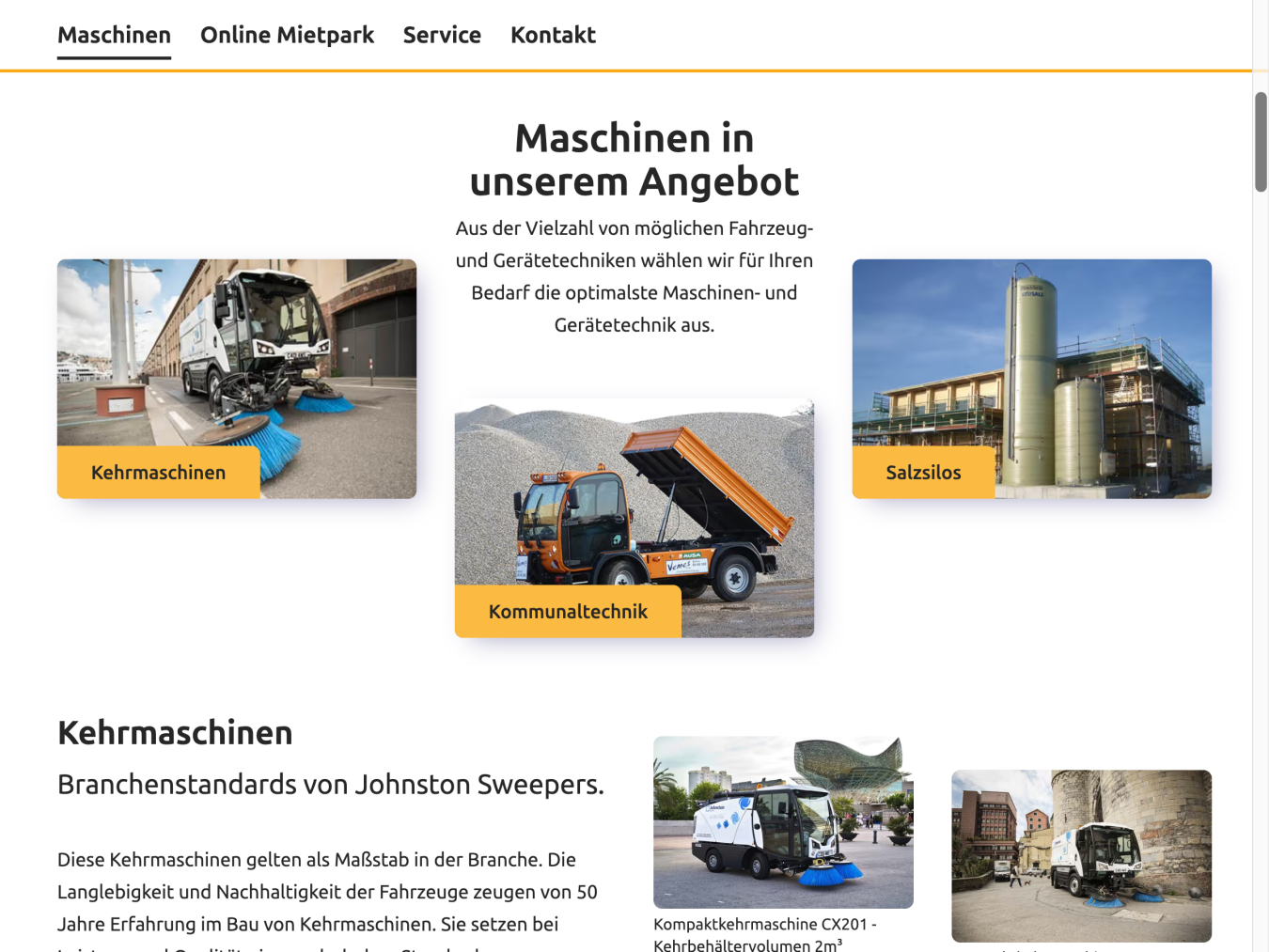 Sektion Maschinen in unserem Angebot. Fotos der drei Kategorien von Maschinen, die angeboten werden: Kehrmaschinen, Kommunaltechnik und Salzsilos.