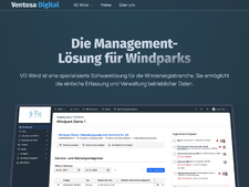 Startseite der Website. Die Website hat einen blauen Hintergrund, eine Navigationsleiste am oberen Bildschirmrand und zeigt einen Screenshot der Software. Über dem Screenshot steht in großer Schrift „Die Managment-Lösung für Windparks“.