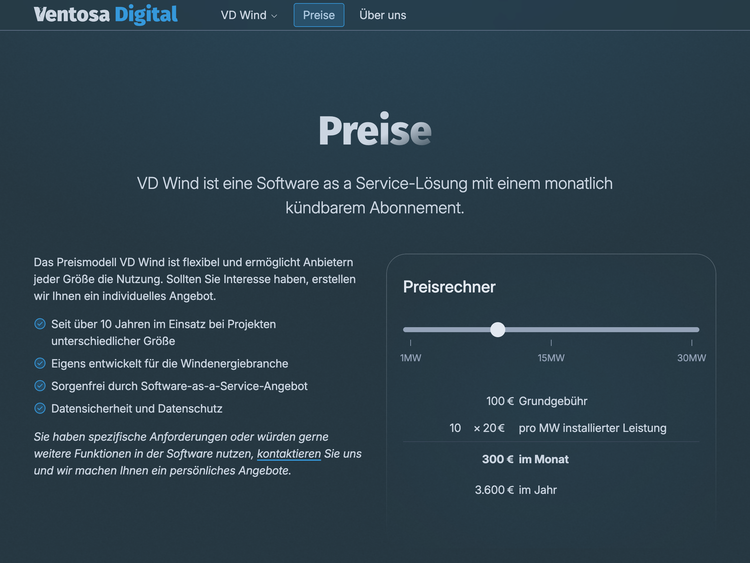 Screenshot der Seite Preise. Die Seite listet auf der linken Seite einige Gr&uuml;nde f&uuml;r die Nutzung der Software und auf der rechten Seite ist ein Preisrechner, der das Lizenzmodell verdeutlicht.