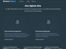 Ein Teil der Startseite. Auf dem Screenshot sieht man die &Uuml;berschrift &bdquo;Eine digitale Akte&ldquo; und zwei Unterbereiche zum Thema Dokumentenmanagement und Benutzerberechtigungen.