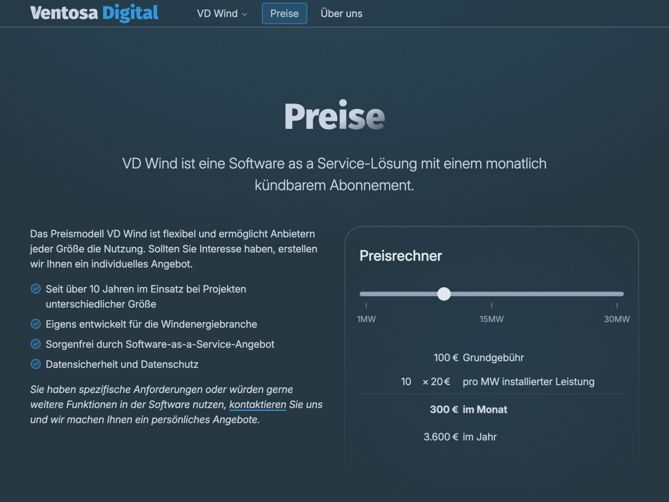 Screenshot der Seite Preise. Die Seite listet auf der linken Seite einige Gründe für die Nutzung der Software und auf der rechten Seite ist ein Preisrechner, der das Lizenzmodell verdeutlicht.