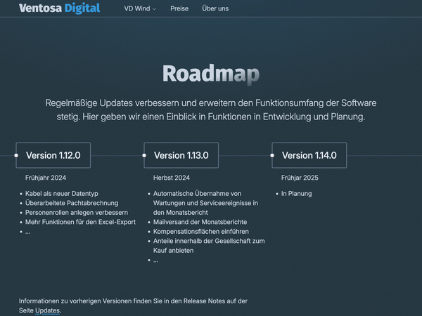 Screenshot der Unterseite Roadmap. Die Seite zeigt drei geplante Ver&ouml;ffentlichungen, das Ver&ouml;ffentlichungsdatum und die beinhalteten neuen Funktionen.