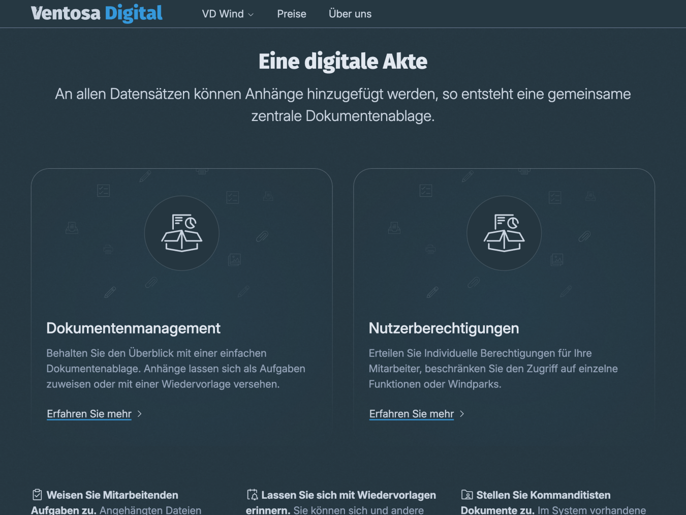 Ein Teil der Startseite. Auf dem Screenshot sieht man die Überschrift „Eine digitale Akte“ und zwei Unterbereiche zum Thema Dokumentenmanagement und Benutzerberechtigungen.