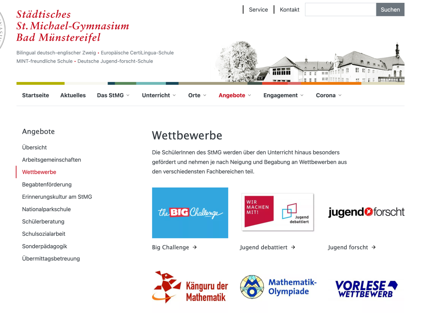 Screenshot der Seite „Wettbewerbe“ mit den Logos unterschiedlicher Jugend- und Schulwettbewerbe.