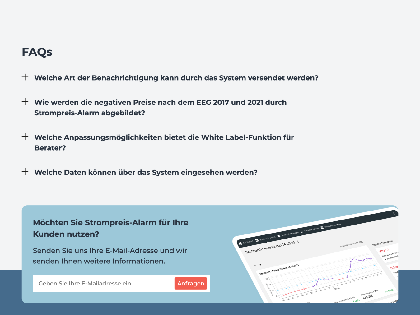 Seitenfuß der Website mit FAQs