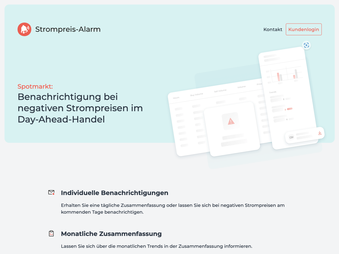 Screenshot der Startseite der Website Strompreis-Alarm.de