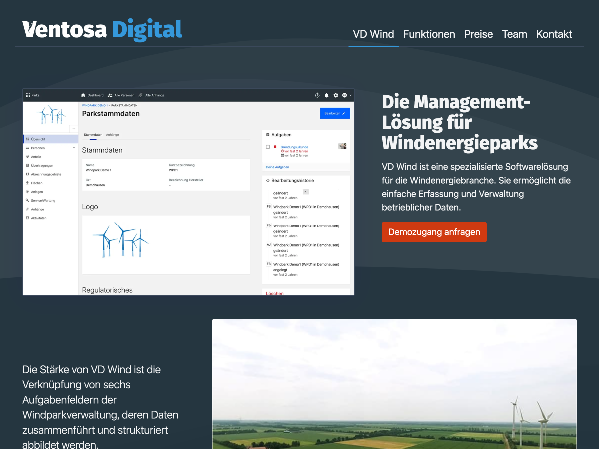 Startseite der Website von Ventosa Digital.