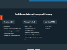 Seitenabschnitt „Roadmap“ mit einer Vorschau auf die Funktionen der nächsten drei Versionen der Software „VD Wind“.