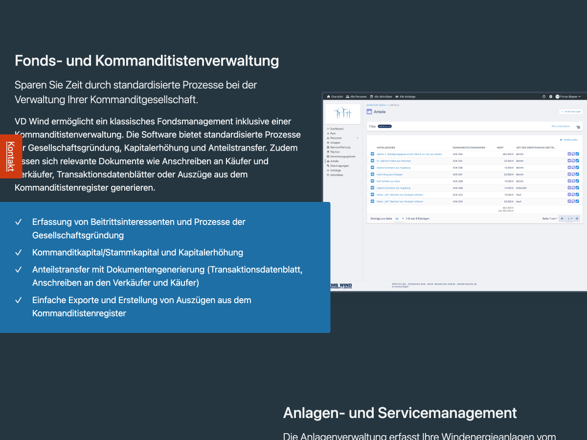 Seitenabschnitt „Fonds- und Kommanditistenverwaltung“ mit einem Screenshot der Software und einem Erklärungstext.